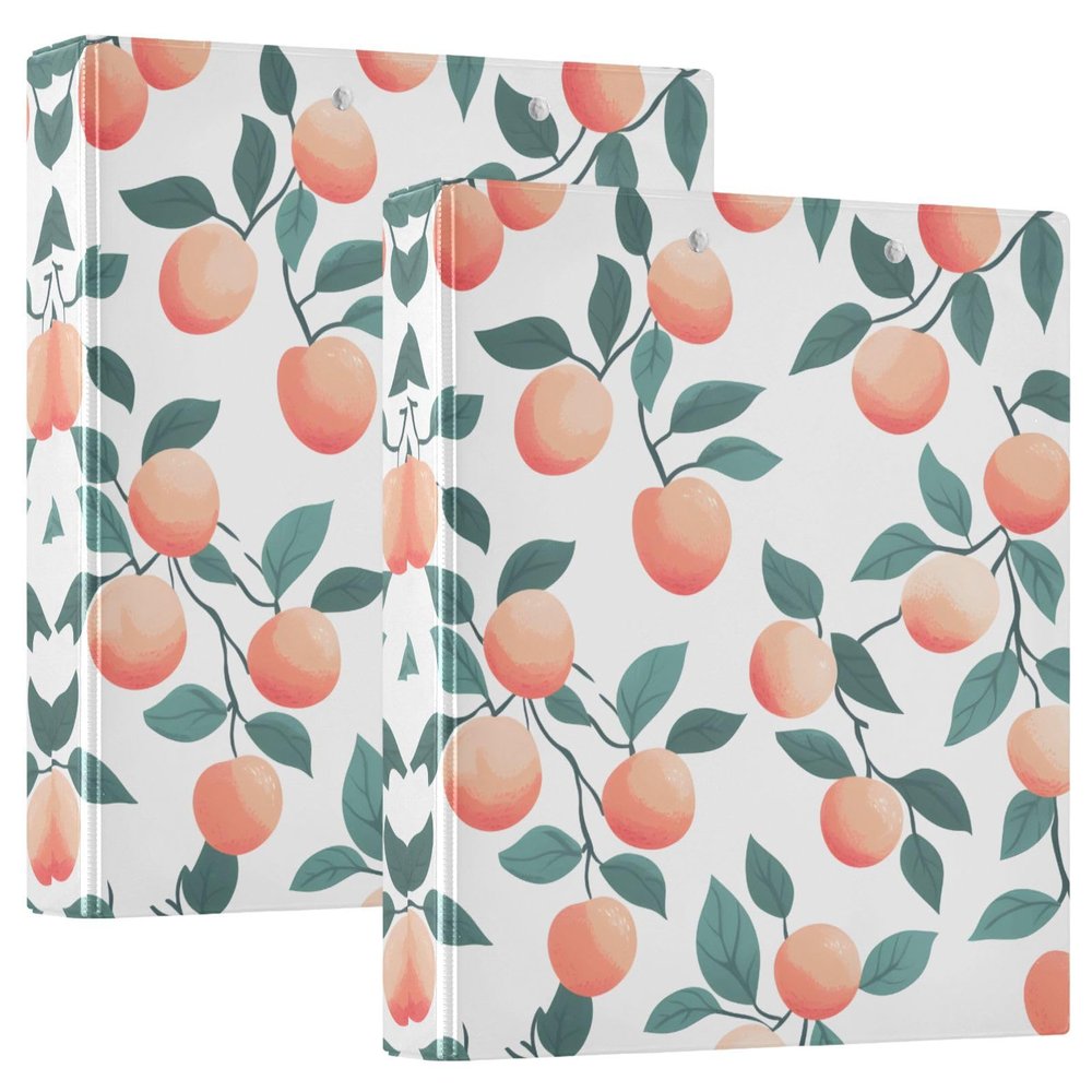 Quteprint 3-Ring Binder, Peach Leaf Pattern, 3.8 cm, Round, with 3 Clear Pockets and Clipboard