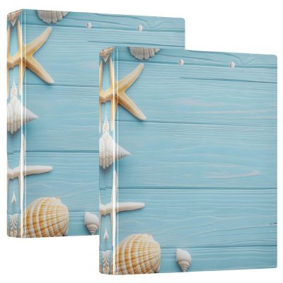 Quteprint 3-Ring Binder, Wood Shells and Starfish Beach Design, 3.8 cm, with 3 Clear Pockets and Clipboard