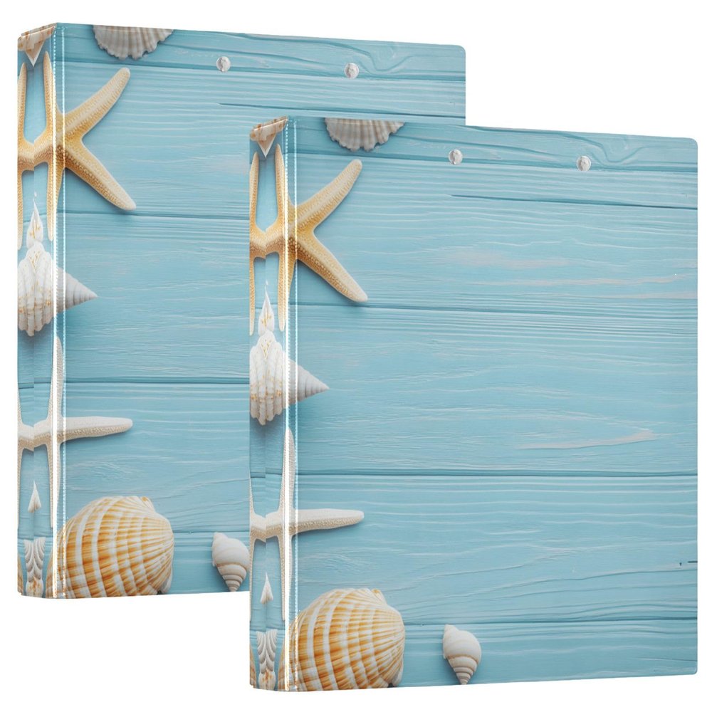 Quteprint 3-Ring Binder, Wood Shells and Starfish Beach Design, 3.8 cm, with 3 Clear Pockets and Clipboard