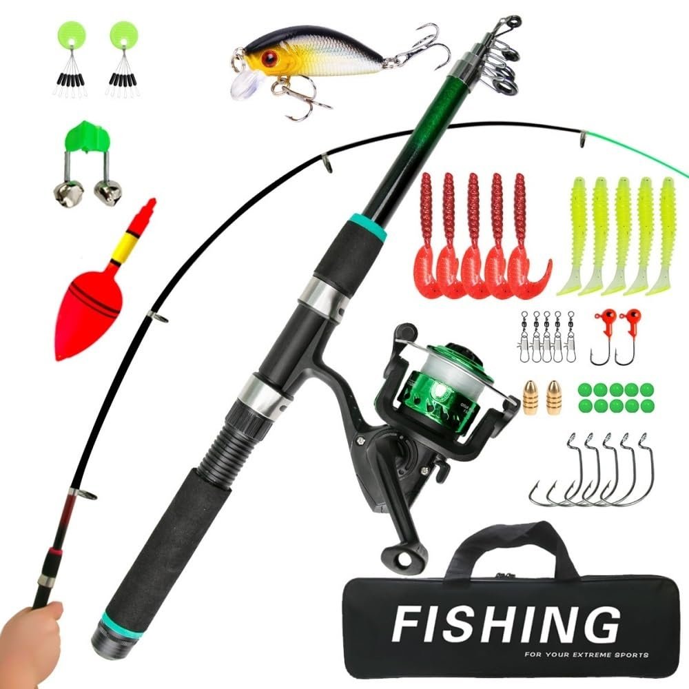 1.8 m Black Travel Fishing Rod, Lightweight Casting Rod for Beginners, Saltwater or Freshwater (Green)