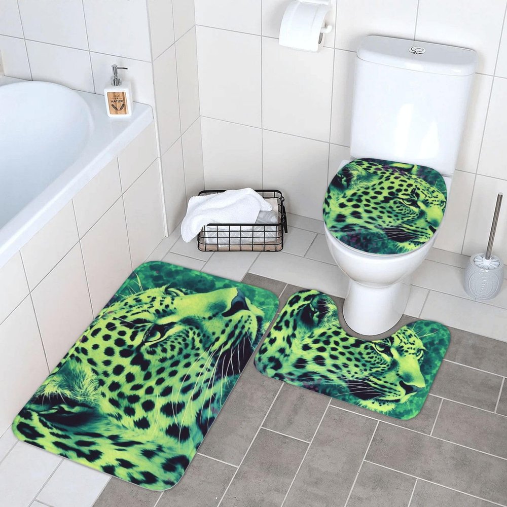 3-Piece Green Leopard Bathroom Rug Set, Super Absorbent, Non-Slip, Washable