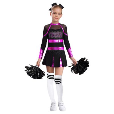 Moggemol 4-Piece Girls' Cheerleader Costume, Long-Sleeve Mesh Patchwork Dress with Hand Flowers and Socks, Pink/White, Size 170