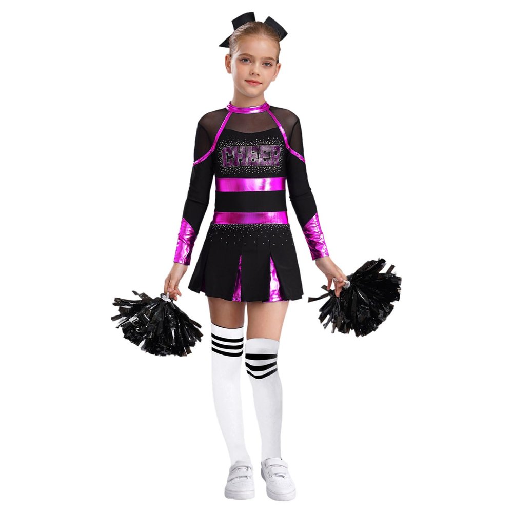 Moggemol 4-Piece Girls' Cheerleader Costume, Long-Sleeve Mesh Patchwork Dress with Hand Flowers and Socks, Pink/White, Size 170