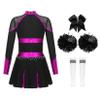 Moggemol 4-Piece Girls' Cheerleader Costume, Long-Sleeve Mesh Patchwork Dress with Hand Flowers and Socks, Pink/White, Size 170 view 4