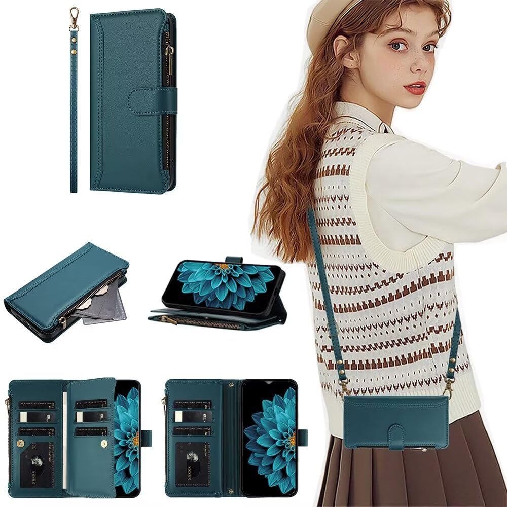 SEHEYA Crossbody Case for Samsung Galaxy XCover 6 Pro, PU Leather, Adjustable Strap, Card Slots and Wallet, Dark Green