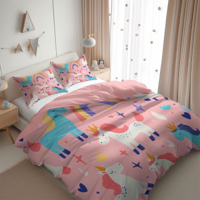 Srigzcaly Cartoon Unicorn Rainbow Crown 3-Piece Bedding Set, 135 x 200 cm, Pink Microfiber