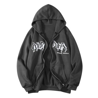 Caxndycing Men's Zip-Up Hoodie Sweat Jacket, Y2K Oversized Vintage Printed Hooded Sweatshirt
