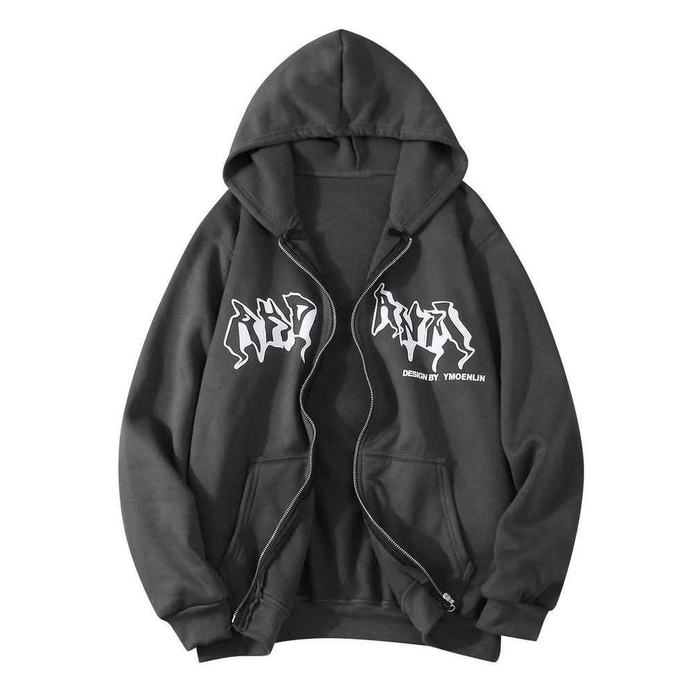 Caxndycing Men's Zip-Up Hoodie Sweat Jacket, Y2K Oversized Vintage Printed Hooded Sweatshirt