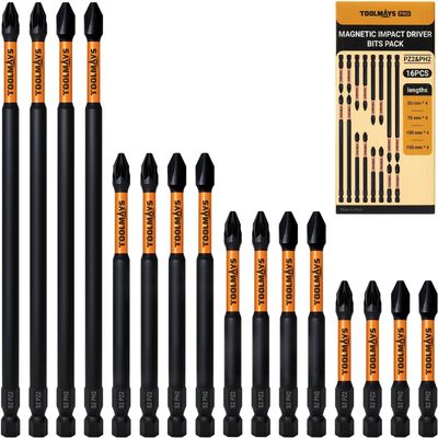 TOOLMAYS Magnetic Impact Driver Bits, PH2 & PZ2, 50/75/100/150 mm, S2 Steel, 16-Piece Set
