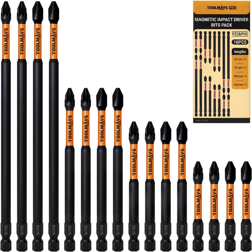 TOOLMAYS Magnetic Impact Driver Bits, PH2 & PZ2, 50/75/100/150 mm, S2 Steel, 16-Piece Set