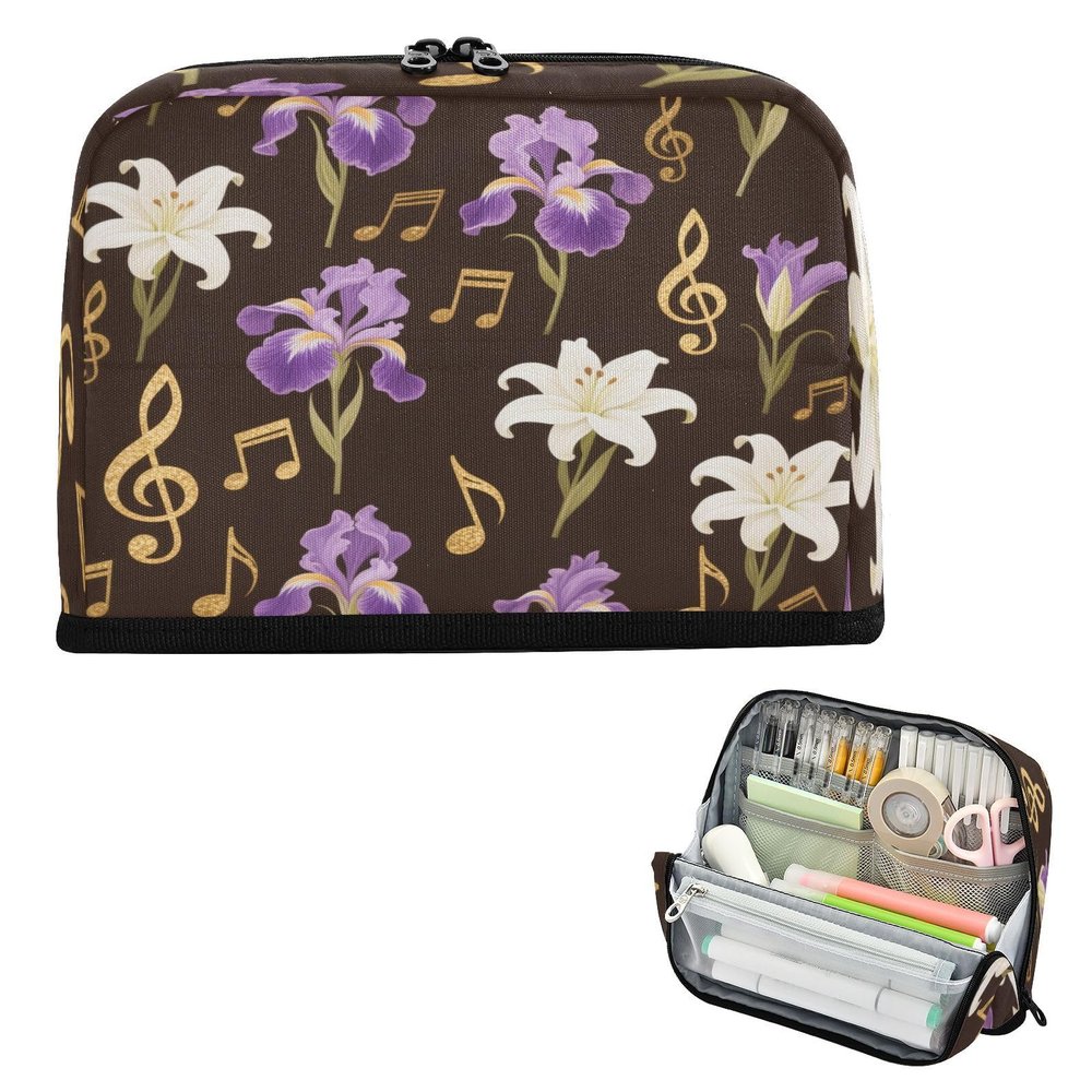 miaozhen Large-Capacity Stand-Up Pencil Case, Black and Purple Floral Music Note Pattern