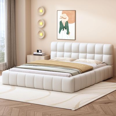 ZHFASDS Upholstered Bed 140 x 190/200 cm, Youth Bed, Double Bed with Soft Backrest, Platform Bed with Upholstered Border, Linen Slatted Frame (Mattress Not Included) (Beige, 140 x 200 cm)