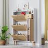 BTM Rattan Wood Shoe Cabinet with 3 Flip Doors, Drawer, Door and Solid Wood Legs, 90 x 17 x 125 cm, Natural and White view 1