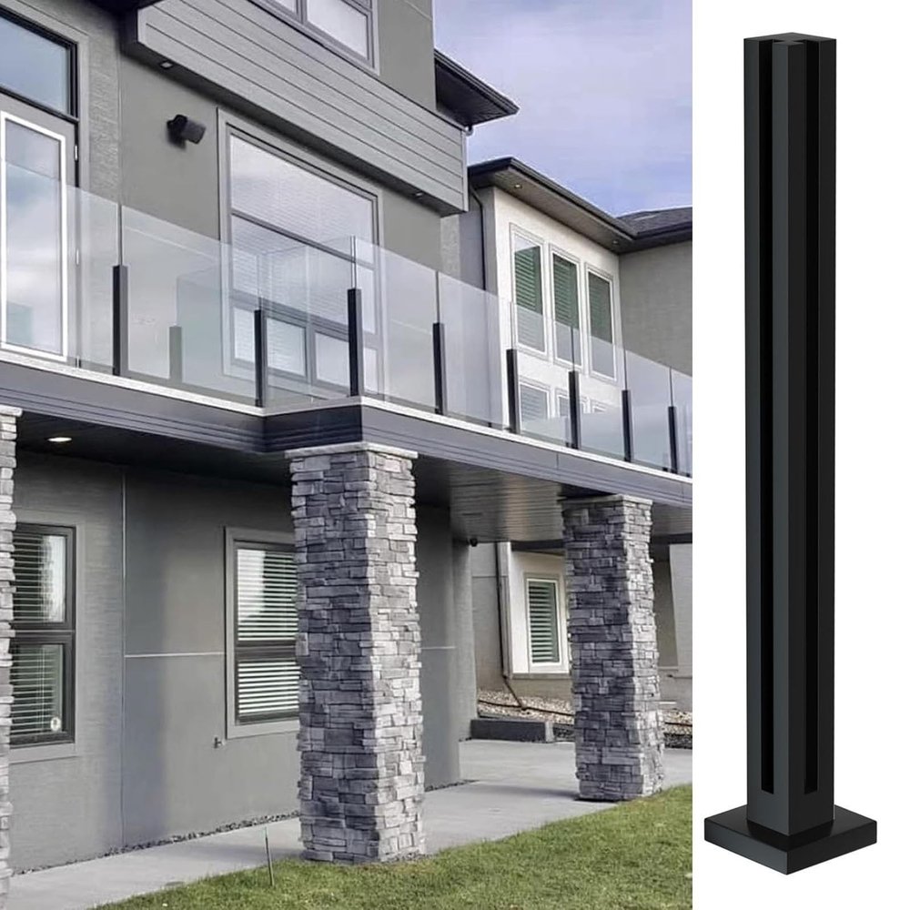 Sturdy Black Glass Railing Post System with Spigot, Square Stainless Steel Balustrade Without Top for Decks, Steps, Balconies, Gardens and Courtyards
