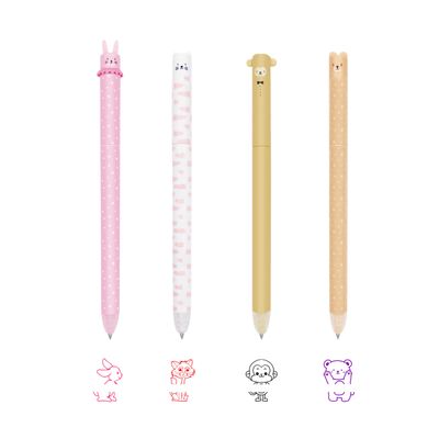 FloraVigo 4-Pack Thermally Erasable Gel Pens, Clean Erasing, Smooth Writing, 0.7 mm Tip (4-Piece Set: Rabbit, Bear, Cat, and Monkey)