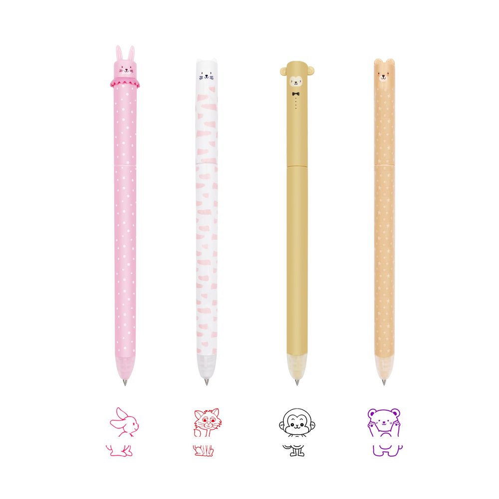 FloraVigo 4-Pack Thermally Erasable Gel Pens, Clean Erasing, Smooth Writing, 0.7 mm Tip (4-Piece Set: Rabbit, Bear, Cat, and Monkey)