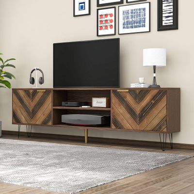 Jaxenor 155 cm TV Cabinet with 2 Doors, 2 Compartments, Gold Handles and Iron Legs, Wood Color