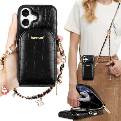 Hanman Phone Case for iPhone 17, Genuine Leather Crossbody Wallet Case with Detachable Shoulder Strap, Wrist Strap, Card & Cash Compartments, RFID Blocking & Full Protection