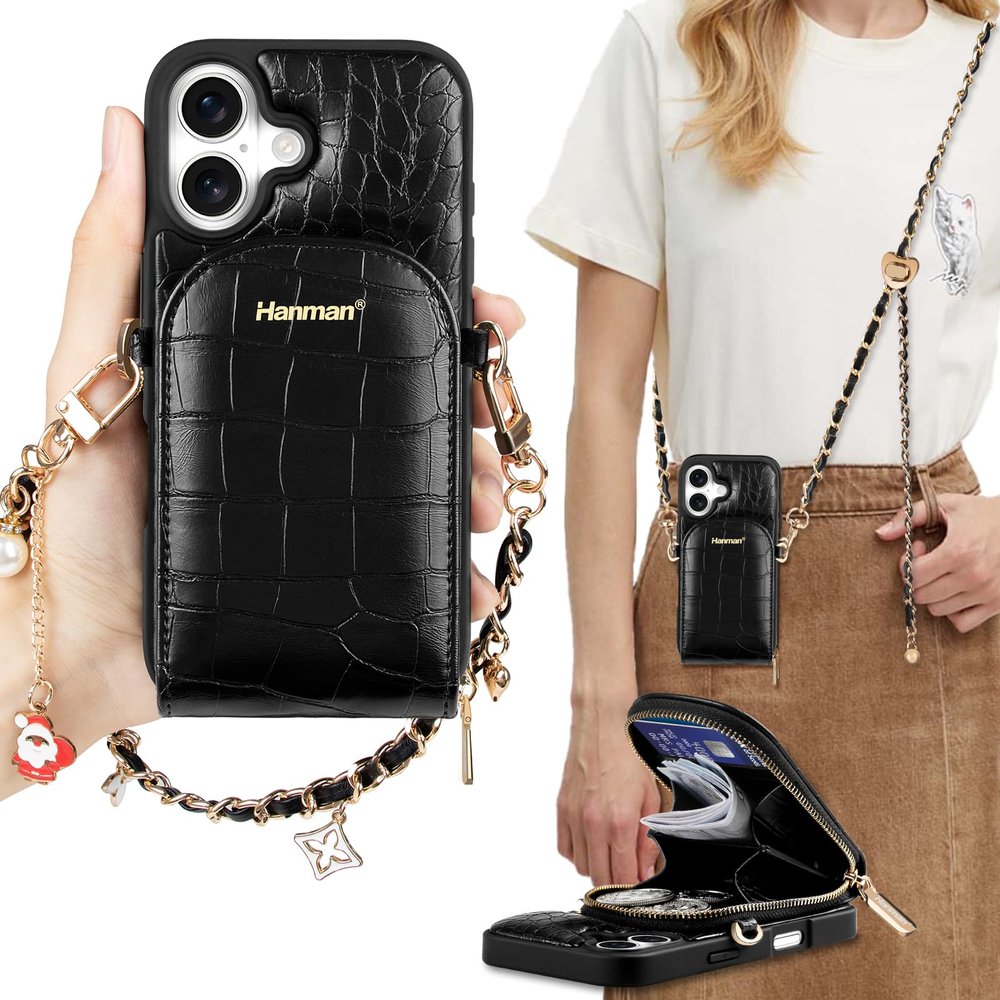 Hanman Phone Case for iPhone 17, Genuine Leather Crossbody Wallet Case with Detachable Shoulder Strap, Wrist Strap, Card & Cash Compartments, RFID Blocking & Full Protection