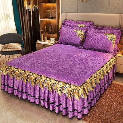 Generic Luxury Velvet 3-Piece Ruffled Bed Skirt and Quilted Bedspread Set, King Size, 18" Drop, 2 Pillowcases, 3-Sided Dust Ruffle, Fitted Sheet, A, 180 x 200 cm/71 x 79 in