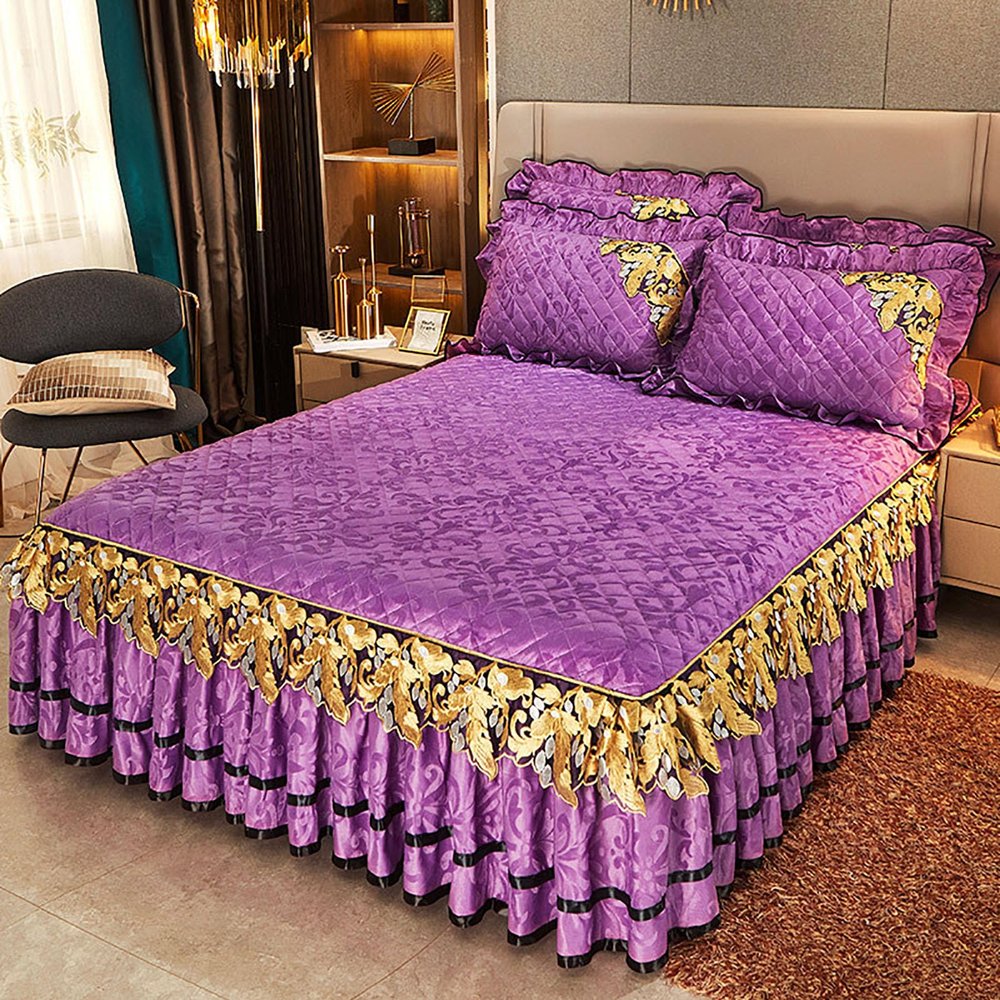 Generic Luxury Velvet 3-Piece Ruffled Bed Skirt and Quilted Bedspread Set, King Size, 18" Drop, 2 Pillowcases, 3-Sided Dust Ruffle, Fitted Sheet, A, 180 x 200 cm/71 x 79 in