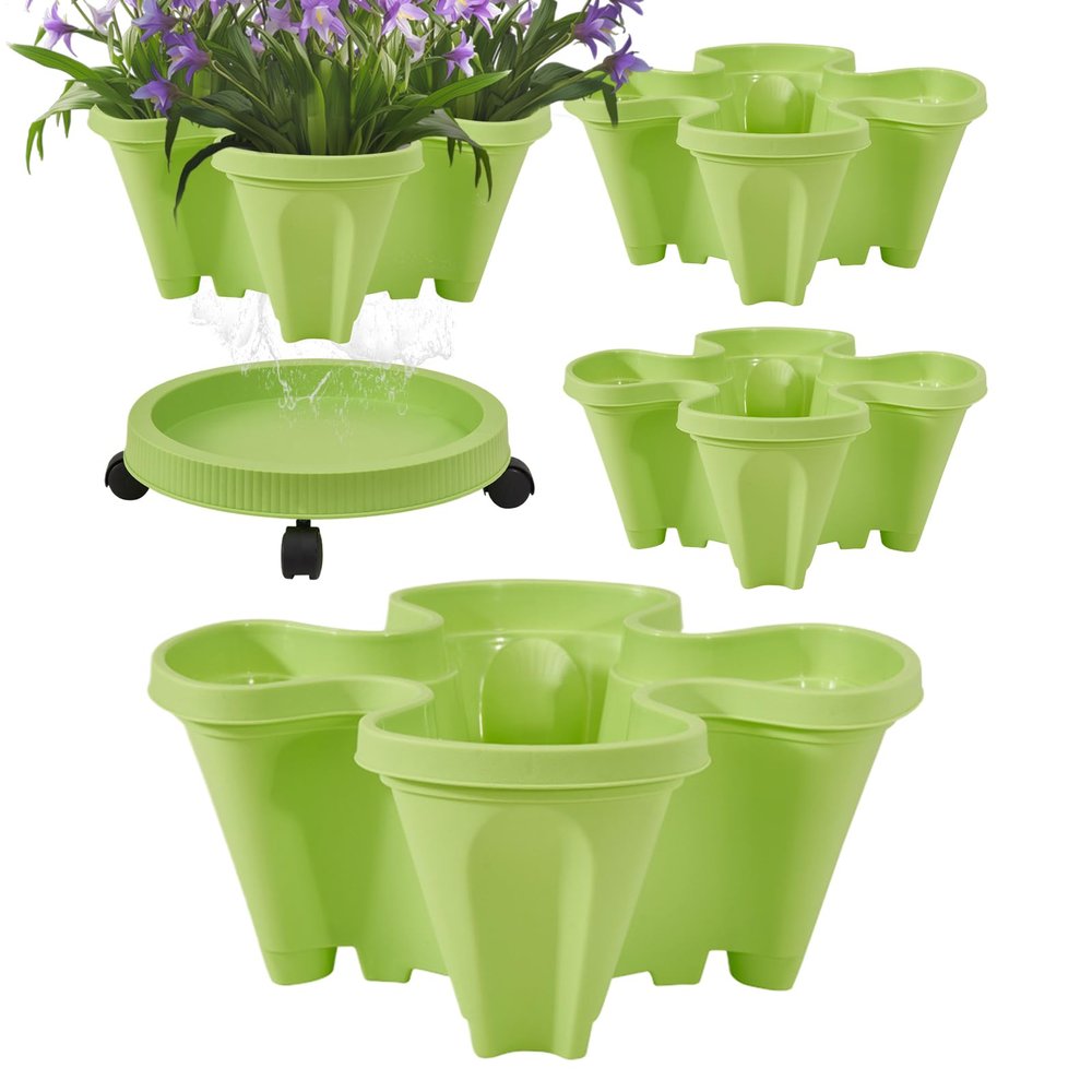 Yorajuy Stackable Plant Pot Tower with 4 Garden Planters, Removable Tray and Wheels