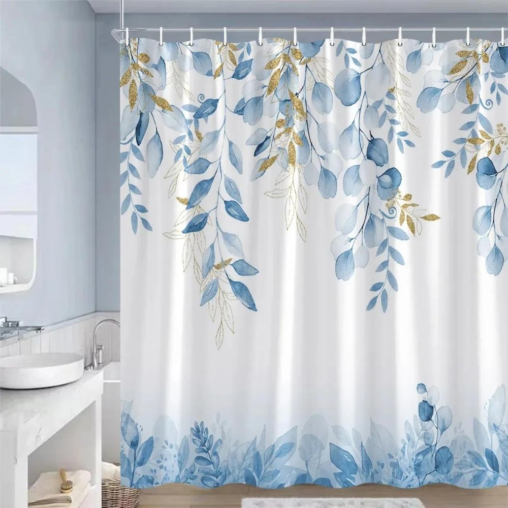 EIWAXU Blue Leaf Watercolor Shower Curtain, 183 x 198 cm