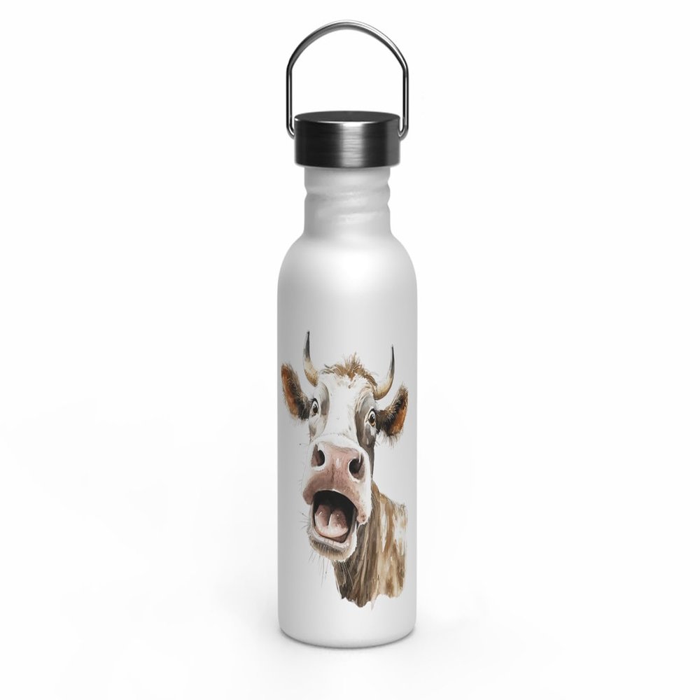 MAXIKIWI 500 ml Single-Wall Stainless Steel Water Bottle with Screw Cap and Handle, Non-Insulated, BPA-Free, Leakproof, Cow Watercolor