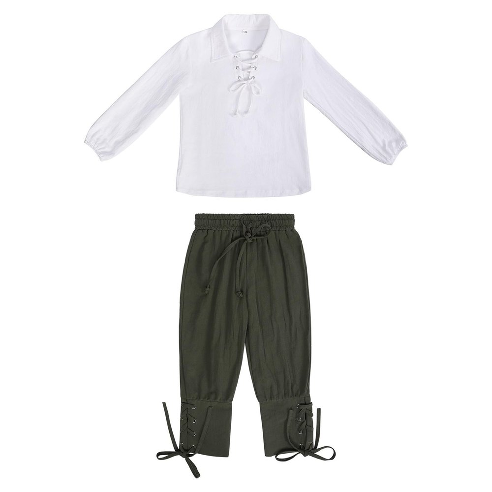 Generic Boys' Medieval Outfit Set, Shirt and Ankle-Length Pants, Halloween Costume, Green, 6–8 Years
