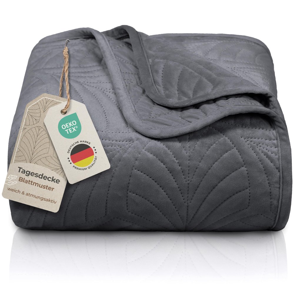 Gräfenstayn Premium Bedspread 200 x 220 cm, Velvet Throw with Seamless Quilting and Leaf Design, Soft, Wrinkle-Resistant and Easy-Care, Anthracite