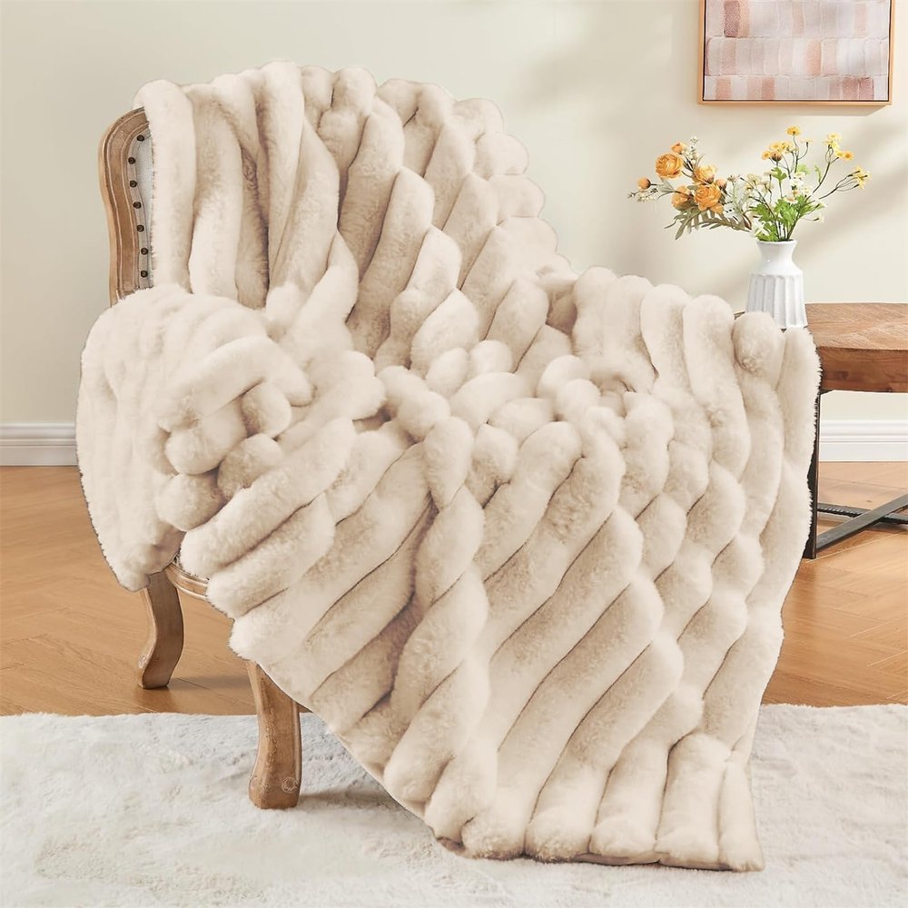 FASCINATDECO Soft Rabbit-Plush Throw Blanket, Flannel, 130 x 160 cm