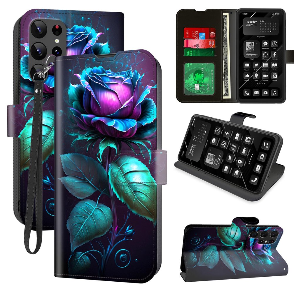 Decahouy Samsung Galaxy S23 Ultra Wallet Case with RFID Blocking, 4 Card Holders, Stand, Wrist Strap, Blue Rose