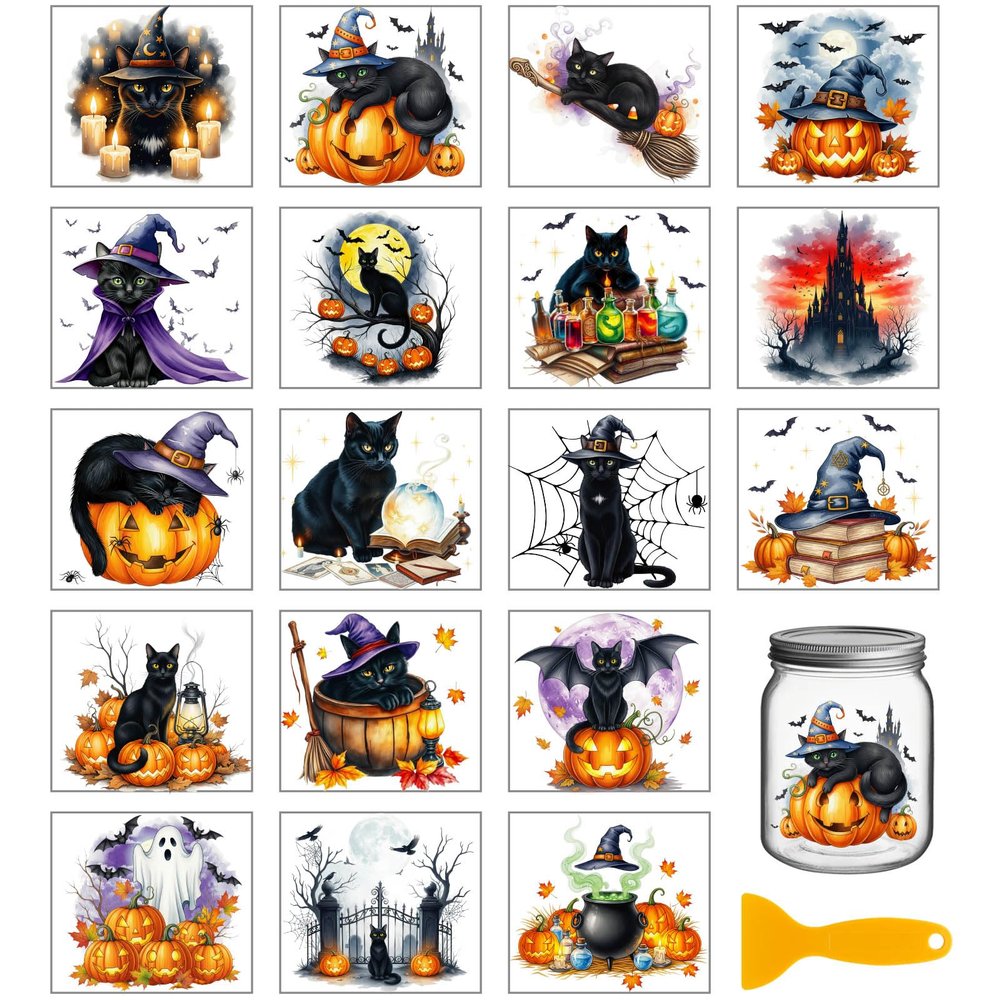 GLOBLELAND 18 Sheets Halloween Black Cat UV DTF Rub-On Transfers
