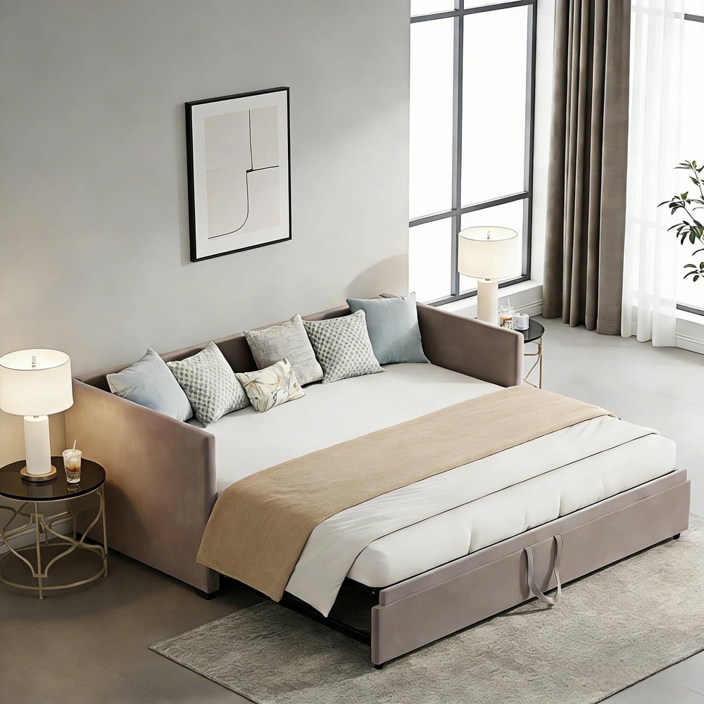DAHUEN Sleeper Sofa 90/180 x 200 cm, 3-in-1 Pull-Out Daybed with Slatted Frame, Gray Flannel, Mattress Not Included