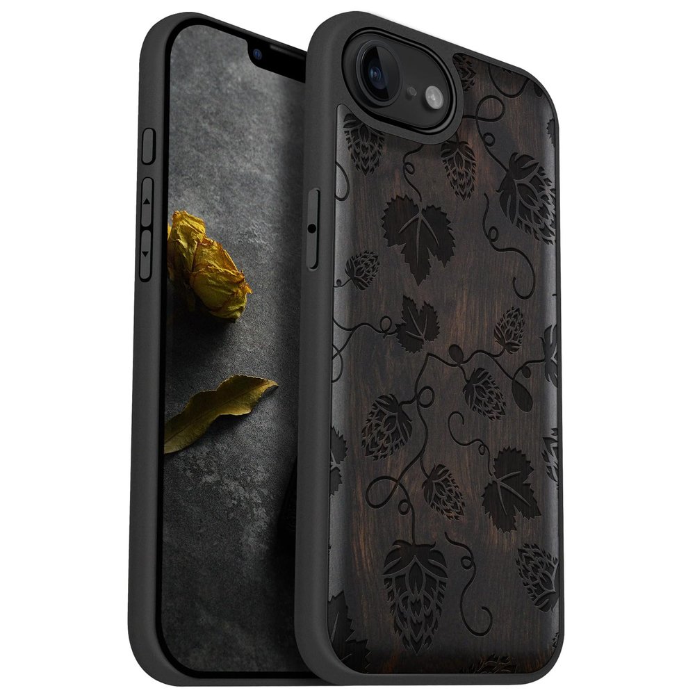 Carveit Phone Case for iPhone 16e / 17e, Dark Wood Hop Vines