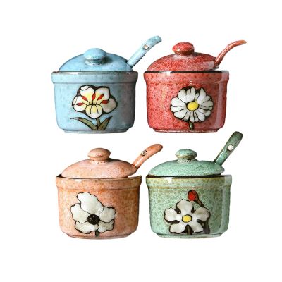 Korean Round Flower Ceramic Spice Jar, Blue with Spoon