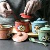 Korean Round Flower Ceramic Spice Jar, Blue with Spoon view 2