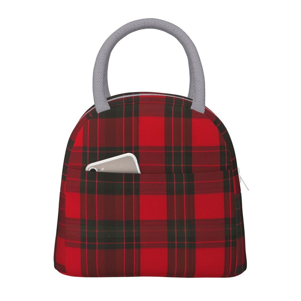 LRHCNZDCP Large Insulated Lunch Bag with Light Gray Zipper and Handle, Reusable, Plaid Red and Black