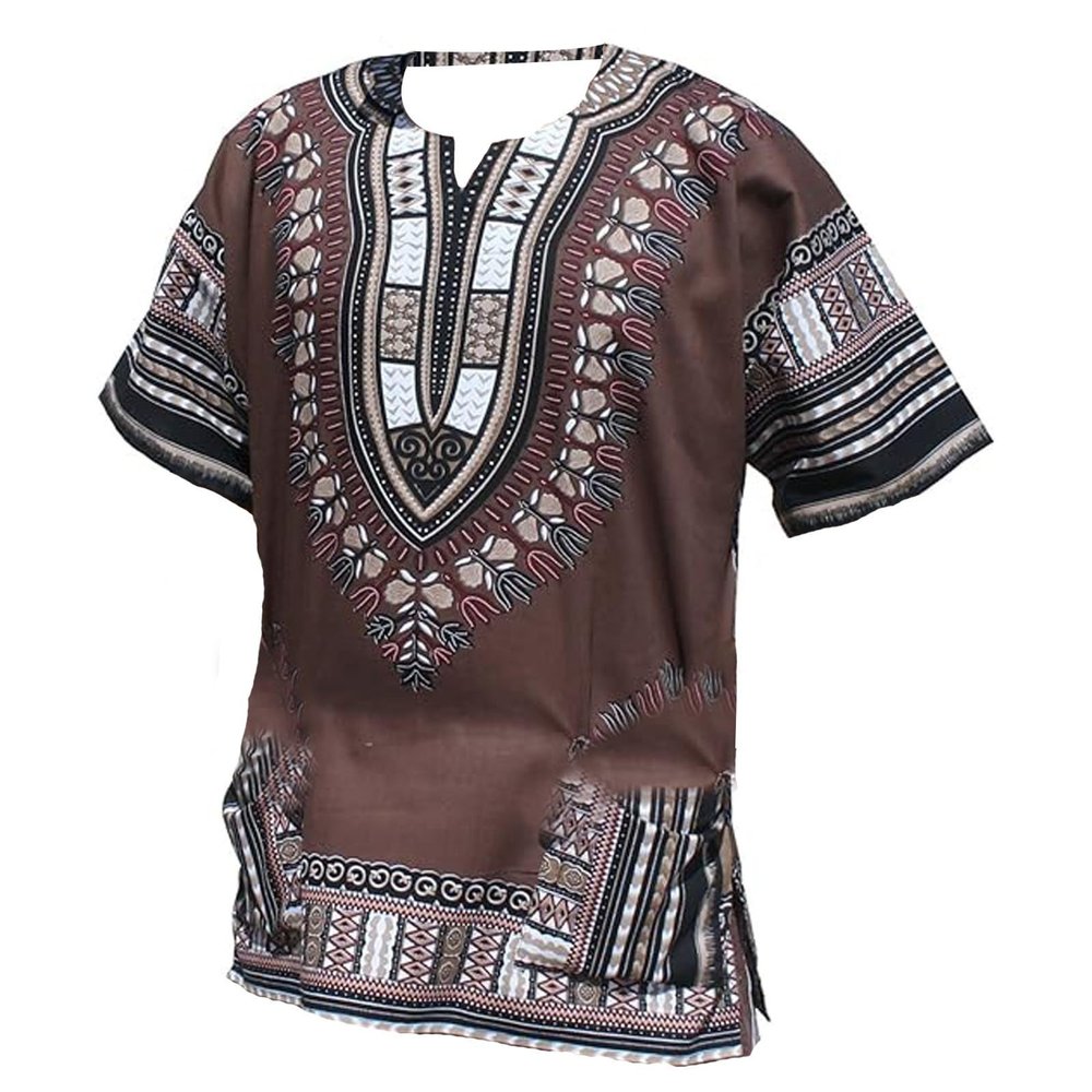 Vhersily Men's Crew-Neck Tunic Top, Traditional Western Ethnic Graphic T-Shirt, Aztec Pattern, African Dashiki, Short Sleeve, Regular Fit, Coffee, M