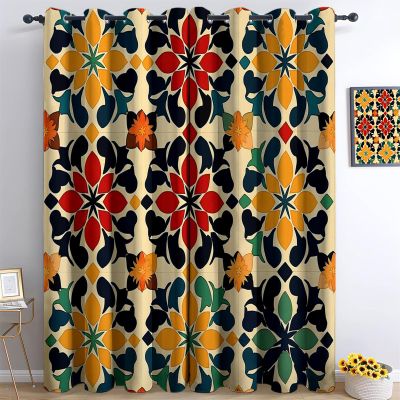 Yellow Blackout Curtains for Kids' Room, Geometric Floral Pattern, Thermal Curtains with Grommets, 2-Piece Set, 245 x 140 cm