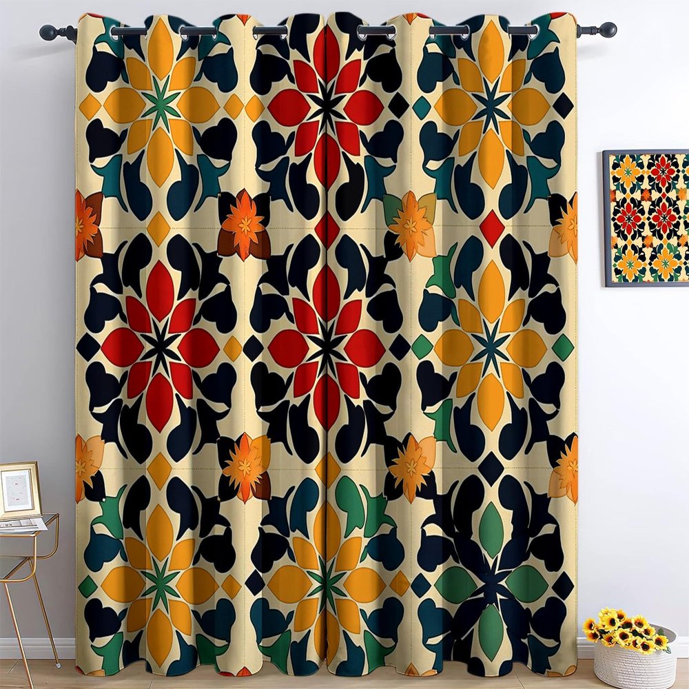 Yellow Blackout Curtains for Kids' Room, Geometric Floral Pattern, Thermal Curtains with Grommets, 2-Piece Set, 245 x 140 cm