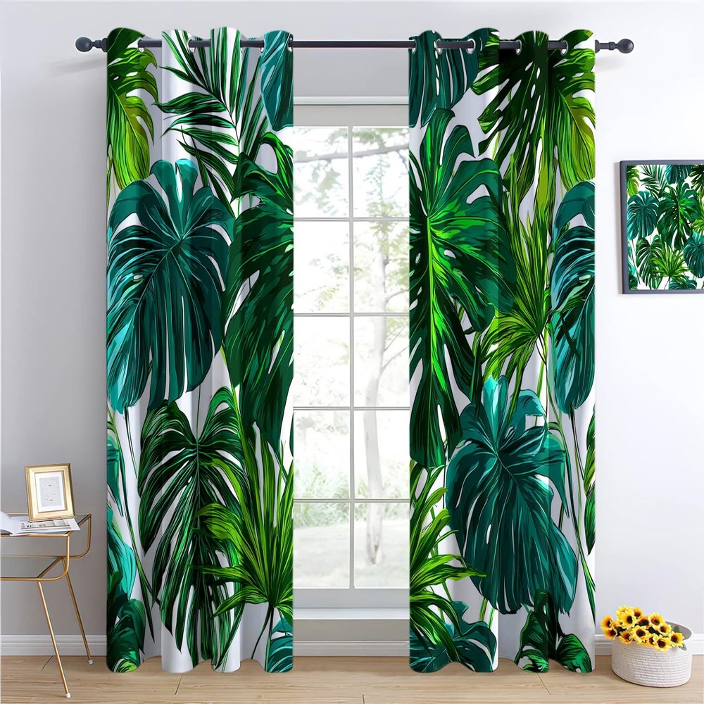 CozyRest Tropical Monstera Green Blackout Curtains with Grommets, 2-Piece Set, H166 x W75 cm