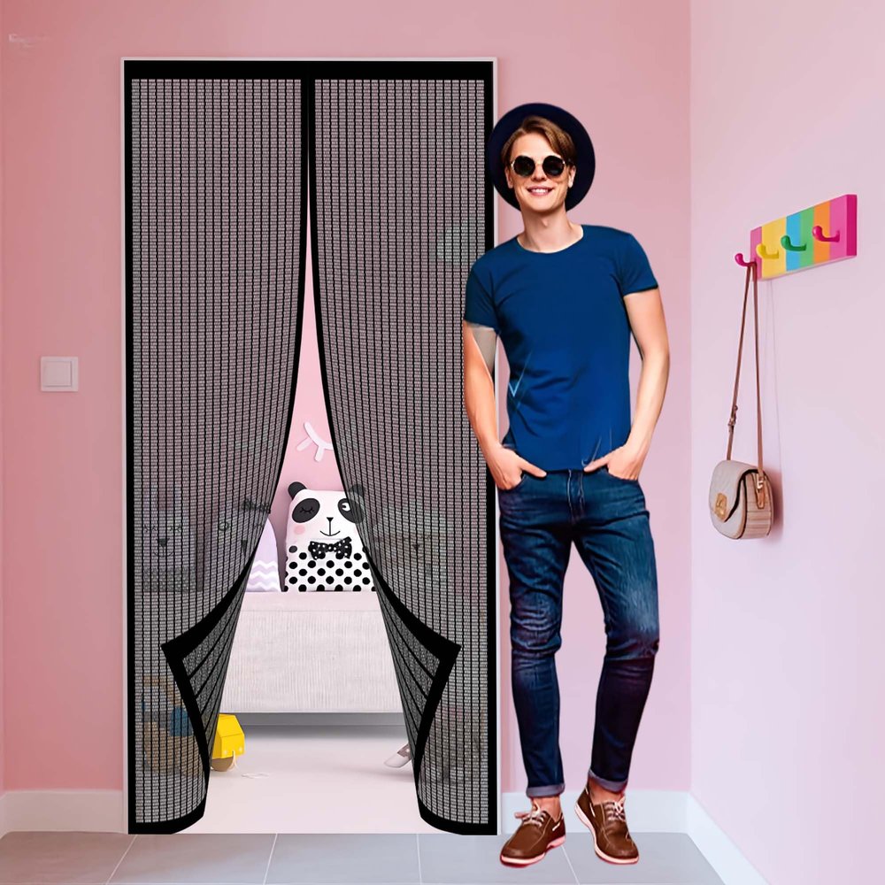 Magnetic Screen Door 118 x 220 cm, No Drilling, Easy Installation, Black