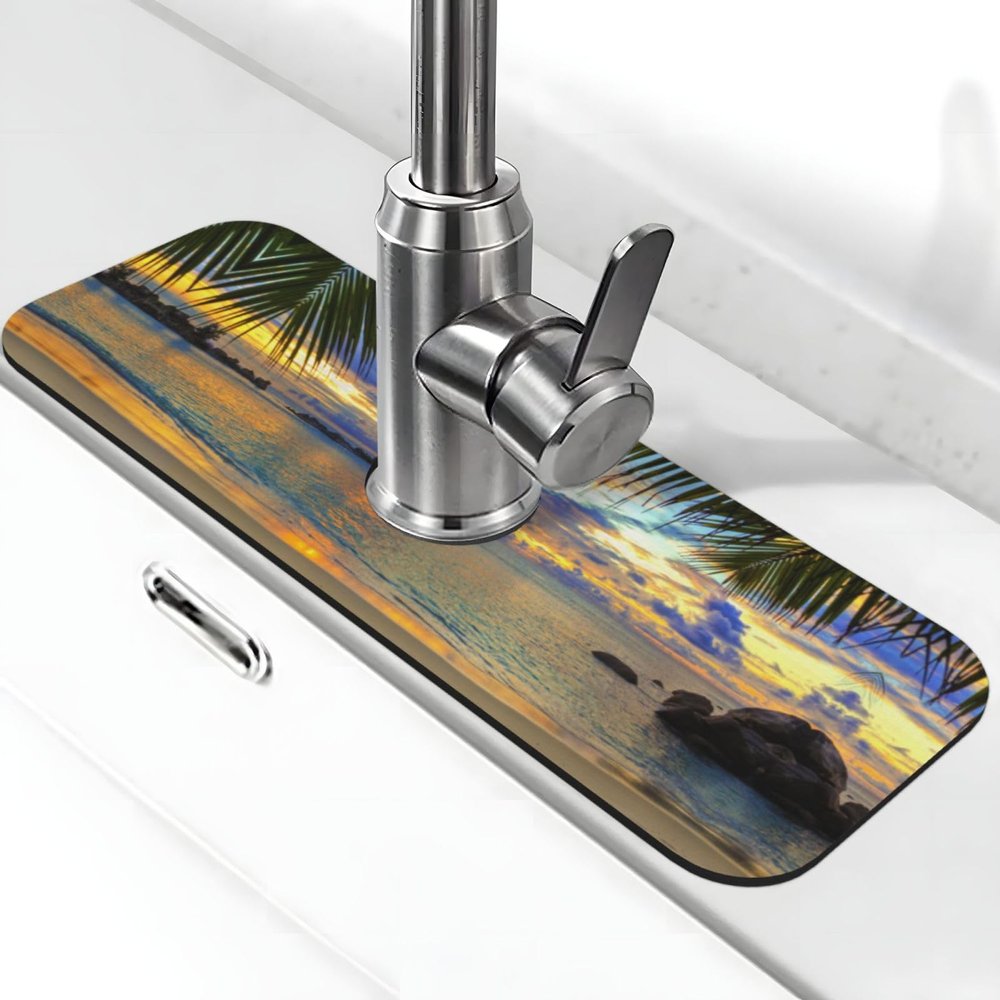 Sunset at the Beach Print Stone Faucet Mat, Diatomaceous Earth Absorbent Splash Guard (38.1 x 14 cm)