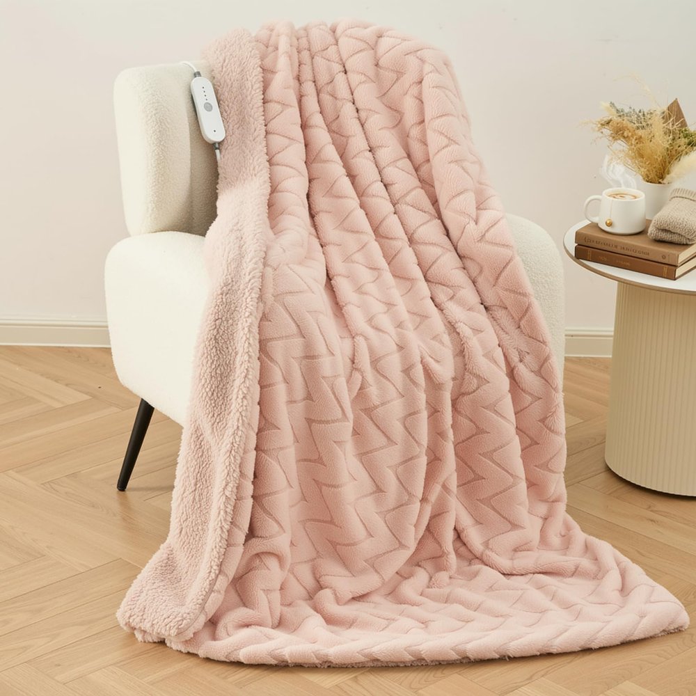 CURECURE Heated Blanket Electric Throw 130 x 180 cm, M-Pattern, Pink