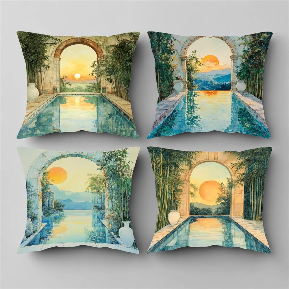 65 x 65 cm Outdoor Landscape Pillow Covers, Double-Sided Print, Waterproof, 4-Pack