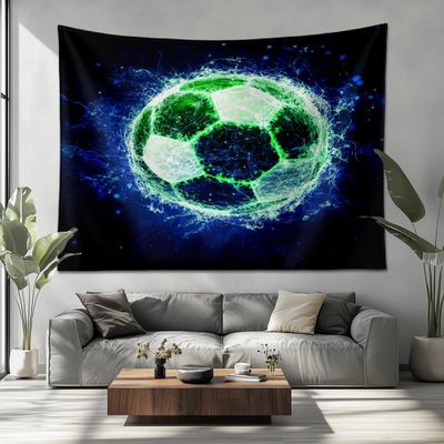 200 x 150 cm Psychedelic Wall Tapestry, Bright Green Soccer Ball 3D Aesthetic Wall Art, Dark Blue