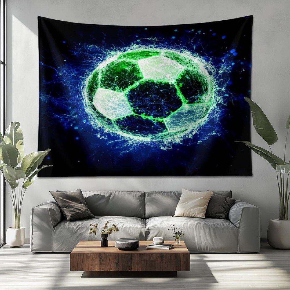 200 x 150 cm Psychedelic Wall Tapestry, Bright Green Soccer Ball 3D Aesthetic Wall Art, Dark Blue
