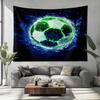 200 x 150 cm Psychedelic Wall Tapestry, Bright Green Soccer Ball 3D Aesthetic Wall Art, Dark Blue view 1