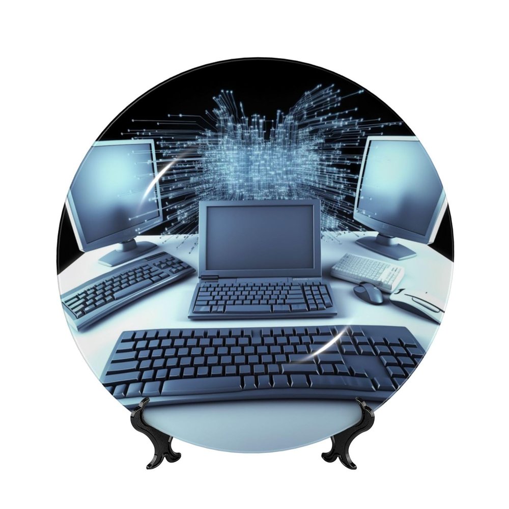 BWLHJKE Computer and Internet Decorative Bone China Plate, Customizable, with Display Stand, 15.2 cm